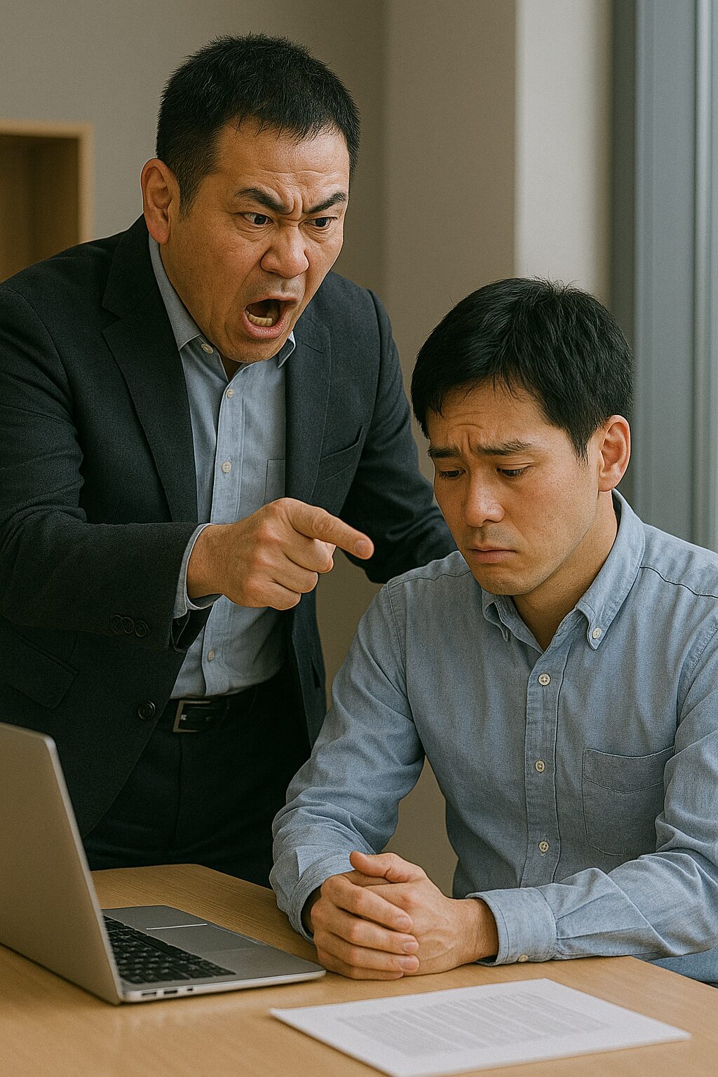 感情的に叱る上司と萎縮する部下